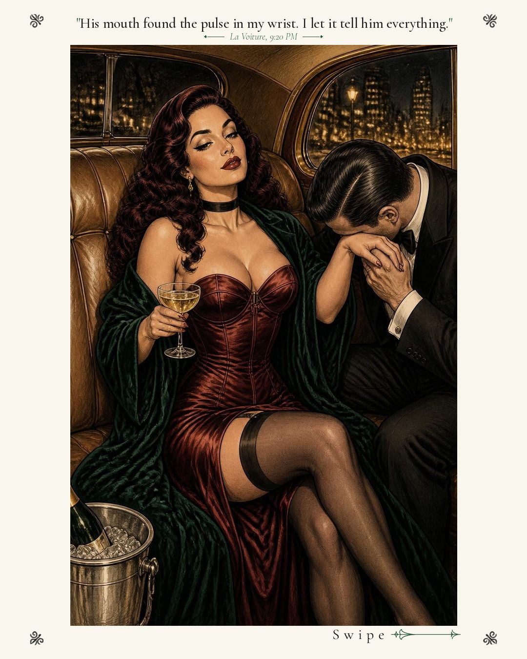 Slide 2: La Voiture, 9:20 PM. In the back of a vintage limousine he kisses the inside of her wrist. Caption: His mouth found the pulse in my wrist. I let it tell him everything.
